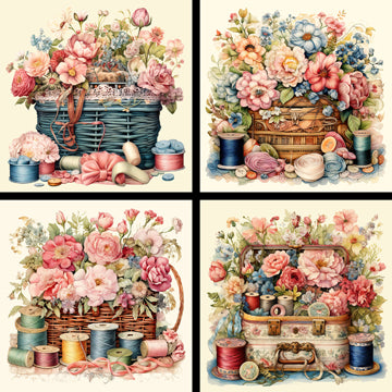 Floral Sewing Baskets Coaster Set - 42132CS